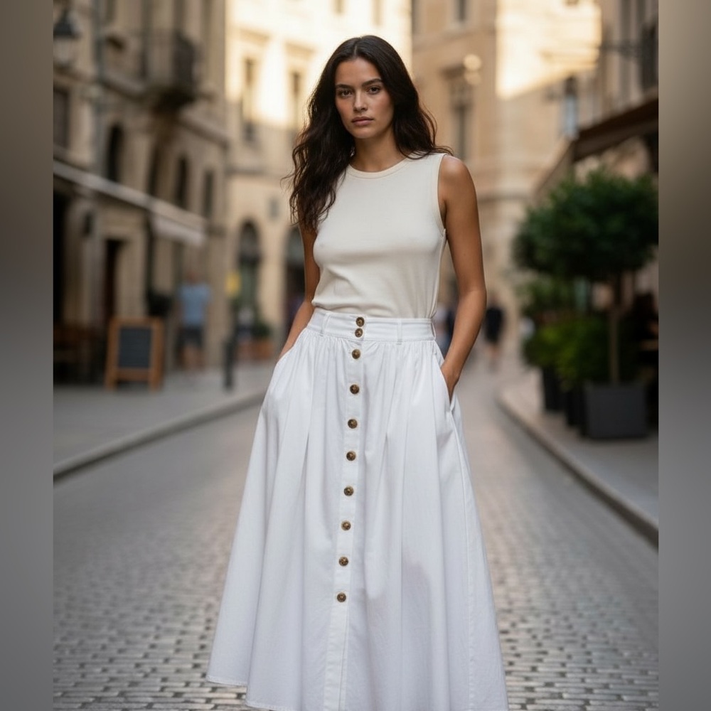 NWOT White A-Line Skirt with gold buttons Size Medium